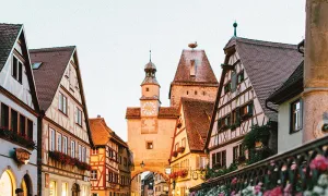 A cobblestone German street lined with houses