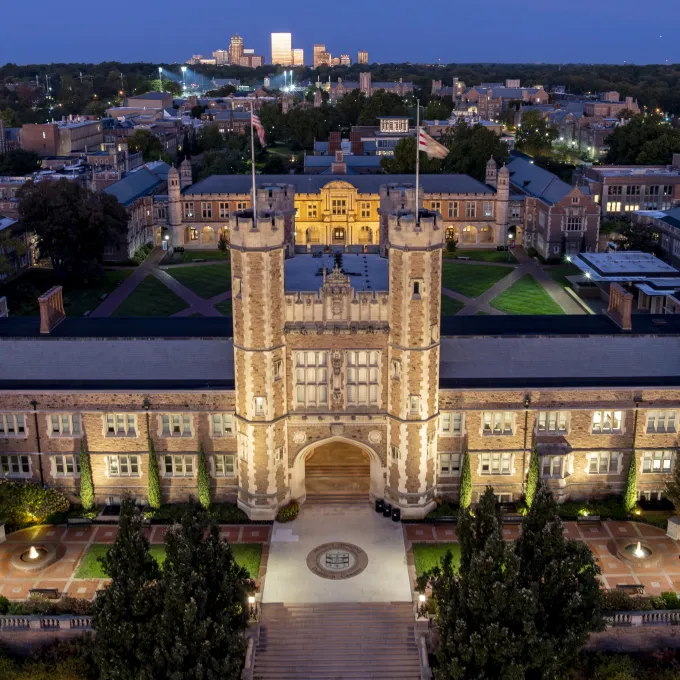 "Danforth Campus aerial view at night."
